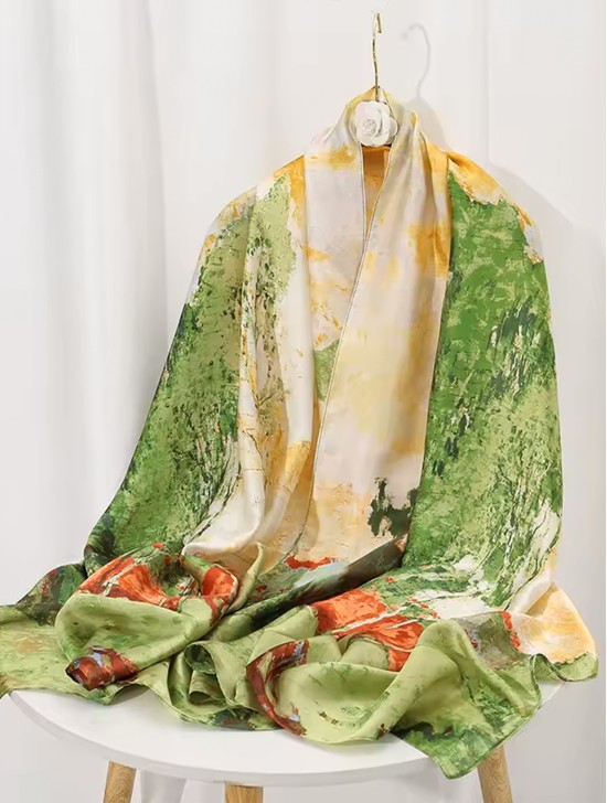 Premium Silk Feeling Green Scenery Print Scarf